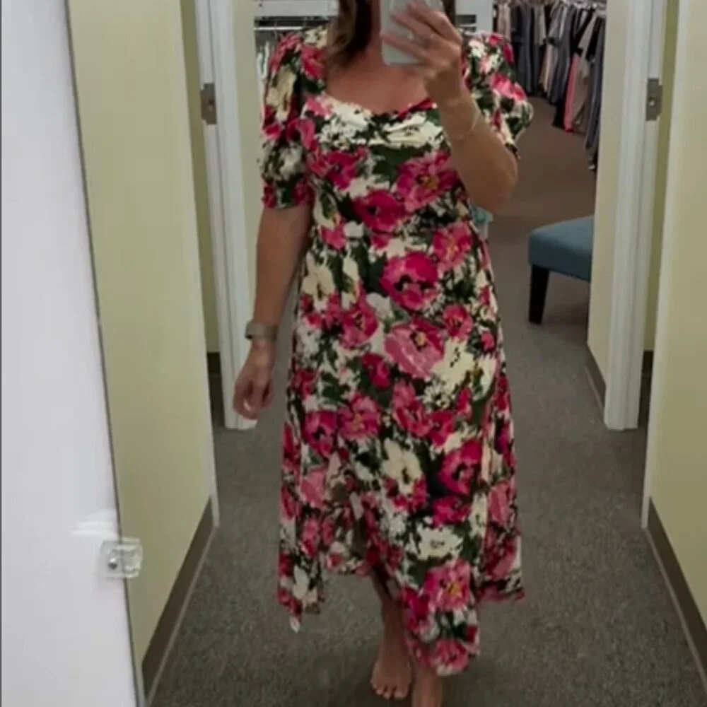 H&M Women's Floral Patterned Midi Flowy Dress in Pink and Cream Size Medium - Picture 1 of 16